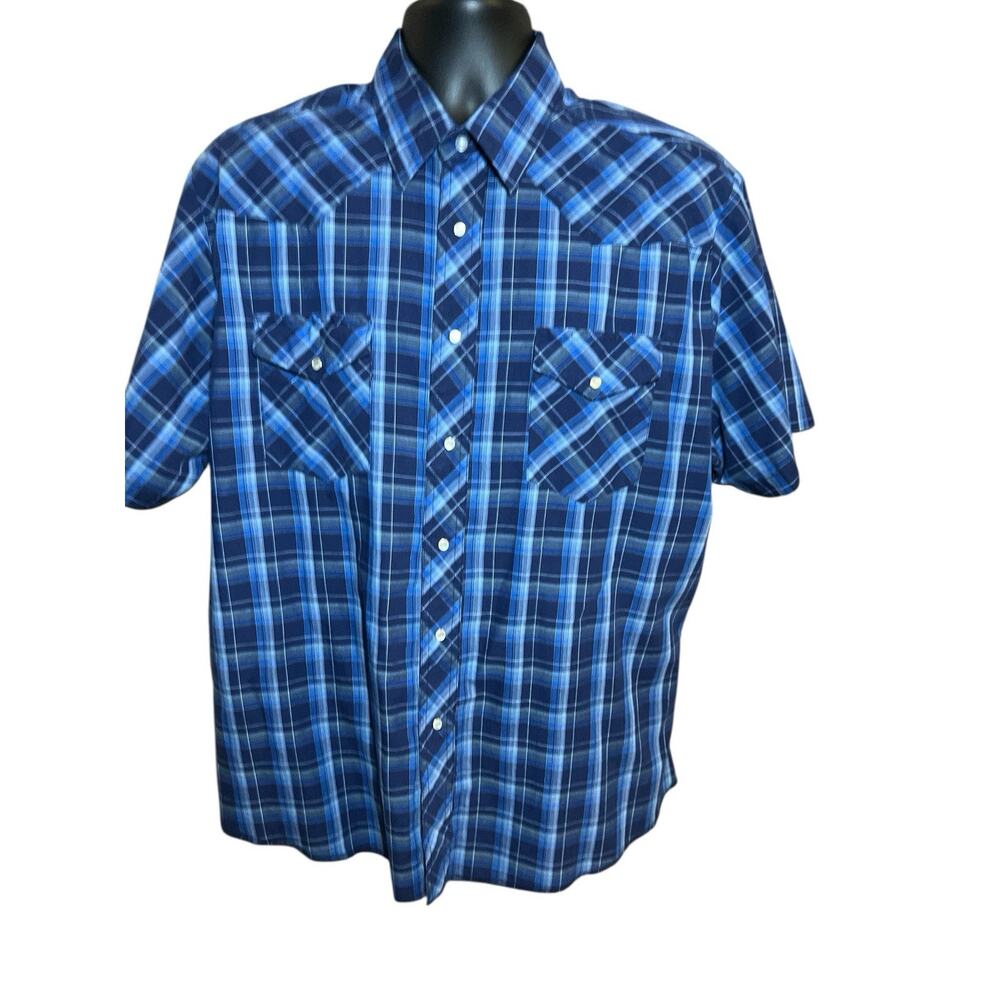 Rustler X Long Tails Pearl‎ Snap Blue Plaid Cowboy Western Cowboy XL